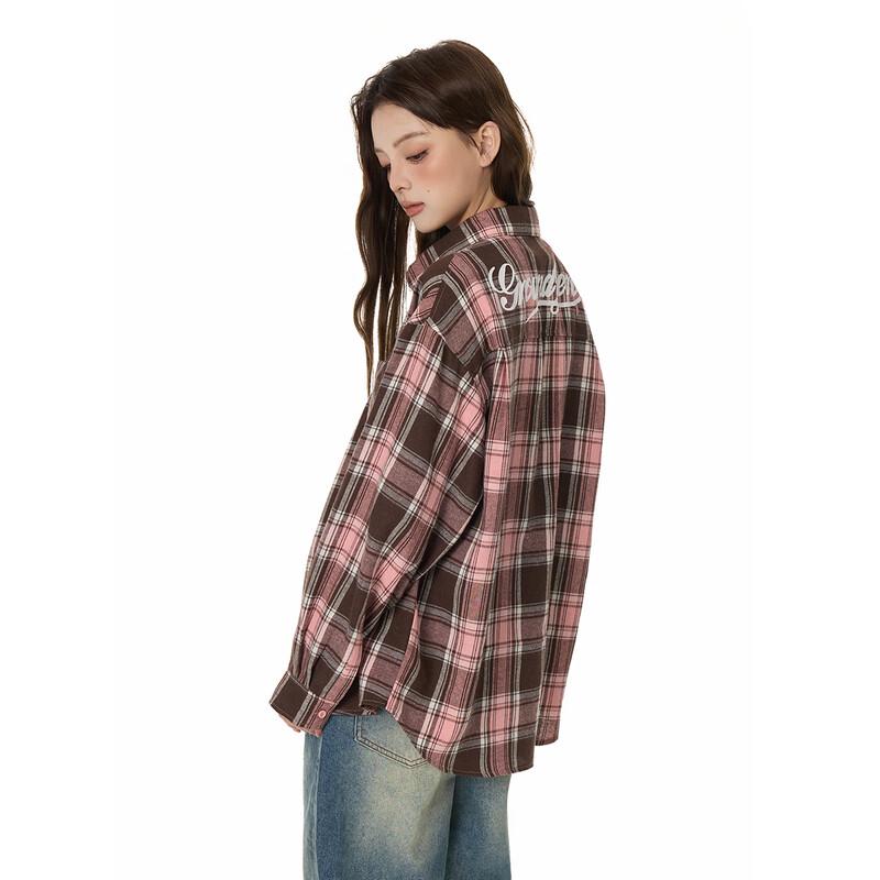 GROUND ZERO Unisex Letter Print Plaid Color-block Loose Shirt