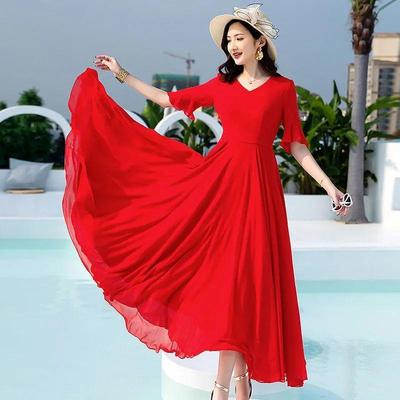 Robe Chiffon Col en V Grande Taille 2026: Tenue de Vacances à la Plage à Manches Cinq Quarts, Mi-Longue, au-dessus du Genou