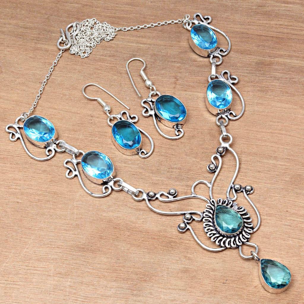 Swiss Blue Quartz Gemstone Jewelry Necklace & Earrings 18-20''