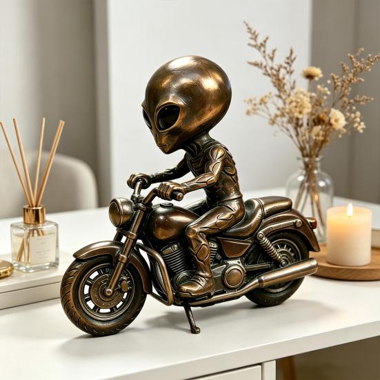 Alien Gnome Resin Statue, Sitting on Motorcycle Decorative Gnome Ornament, Waterproof Hand-Painted Garden Sculpture, for Indoor Outdoor Use