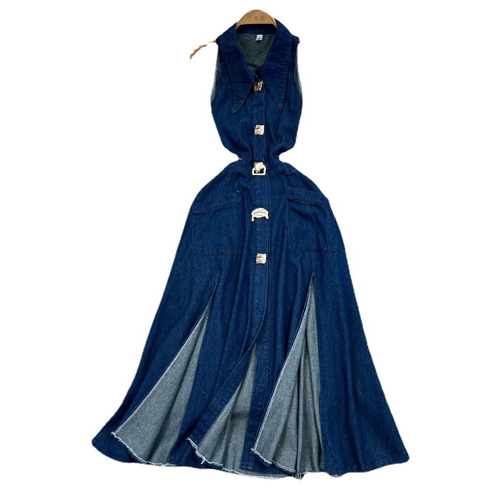Retro lapel hollow waist exposed waist thin sleeveless single-breasted a-word split denim dress casual long dress