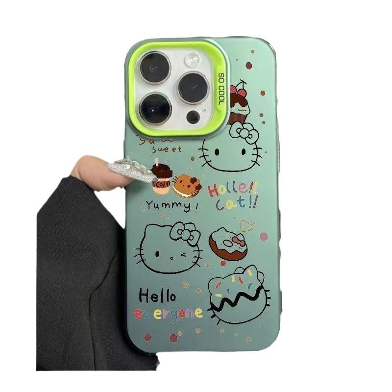 Full-screen Hello Kitty phone case for iPhone 16 Pro Max, cute cartoon design, 14/13/12/11, double-layered, colored silver.