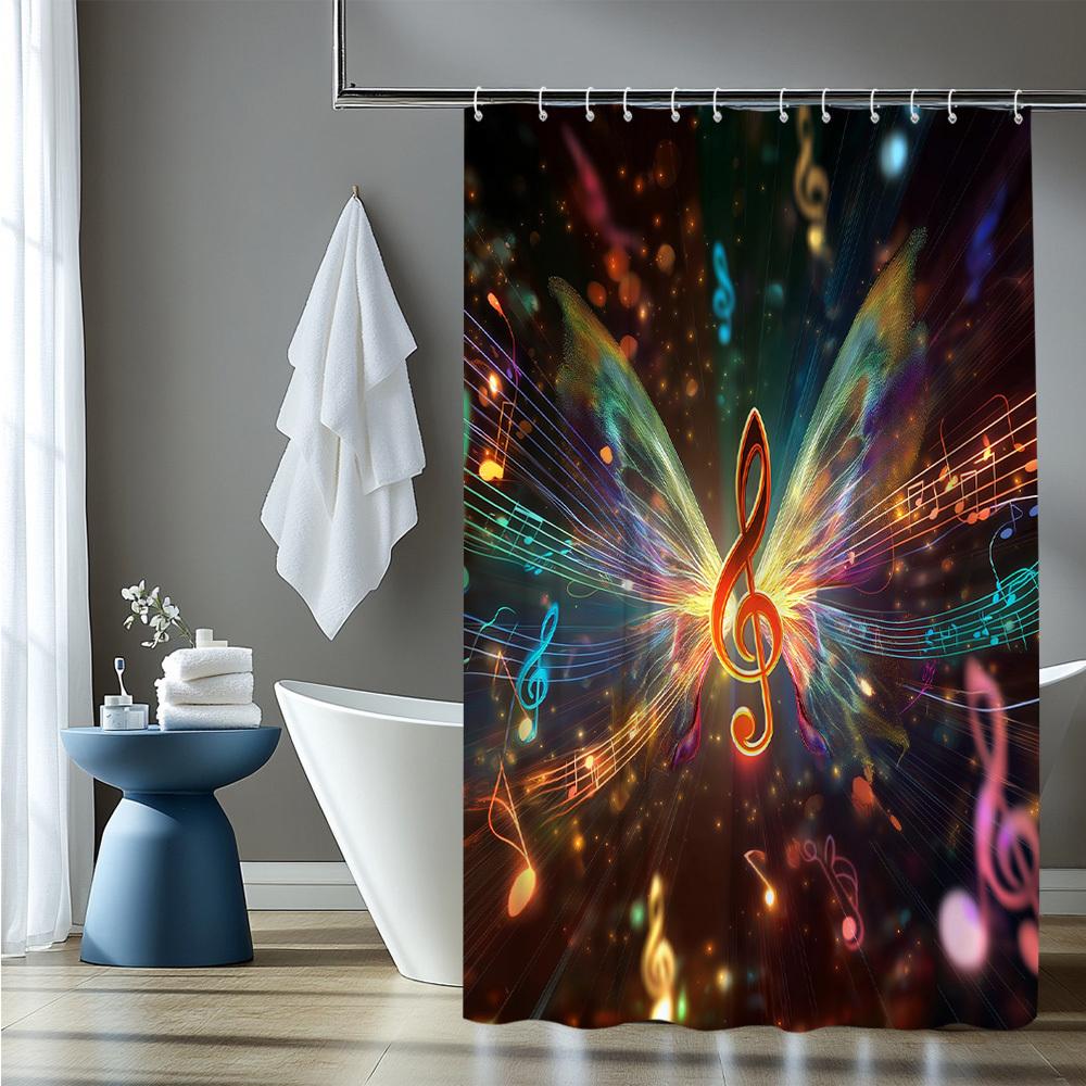 Vibrant Musical Butterfly Print Waterproof Shower Curtain For Bathroom, Colorful Notes Design High-End Toilet Partition Curtain