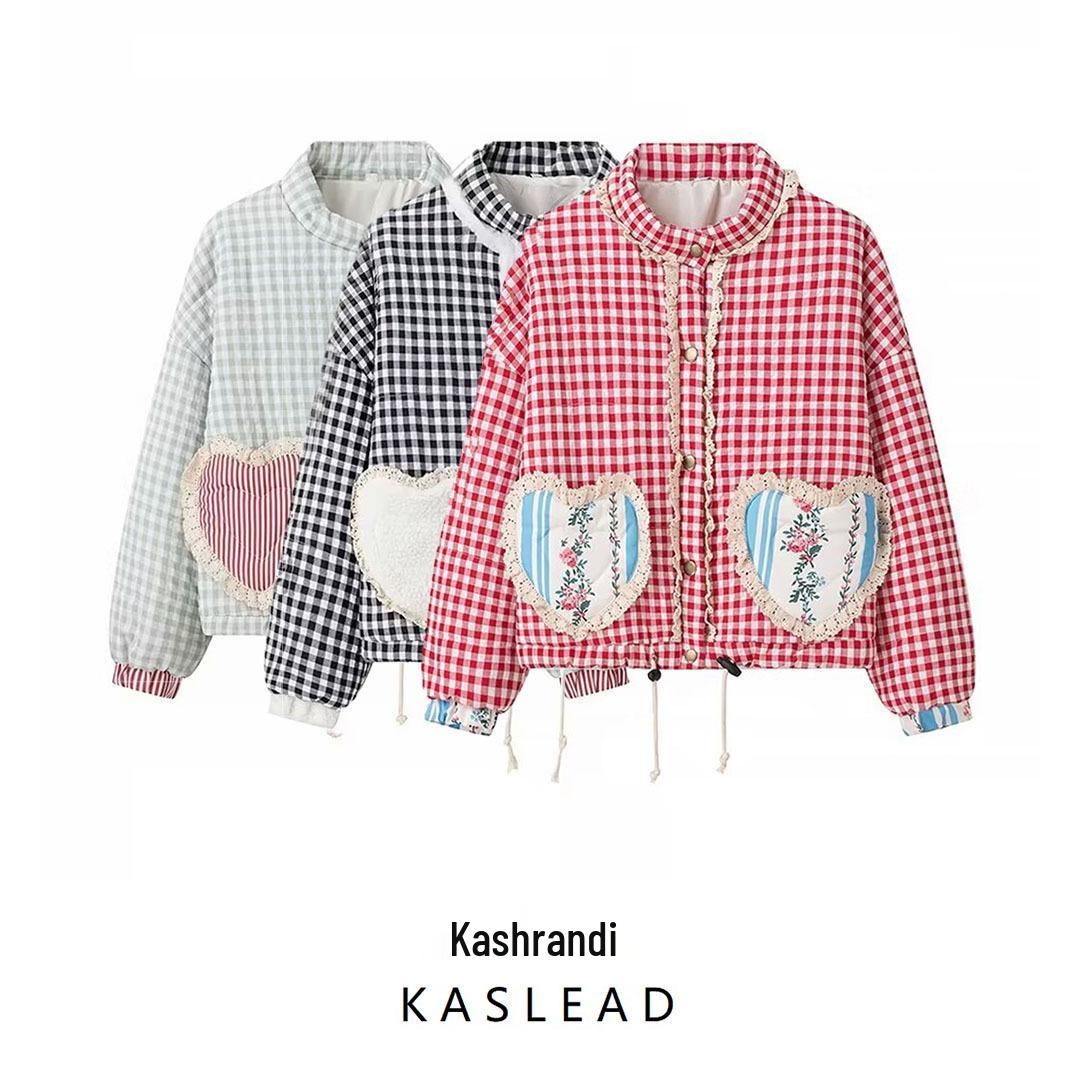 

2024 Autumn Women s Fashion Lace Plaid Cotton Coat - European & American Style S