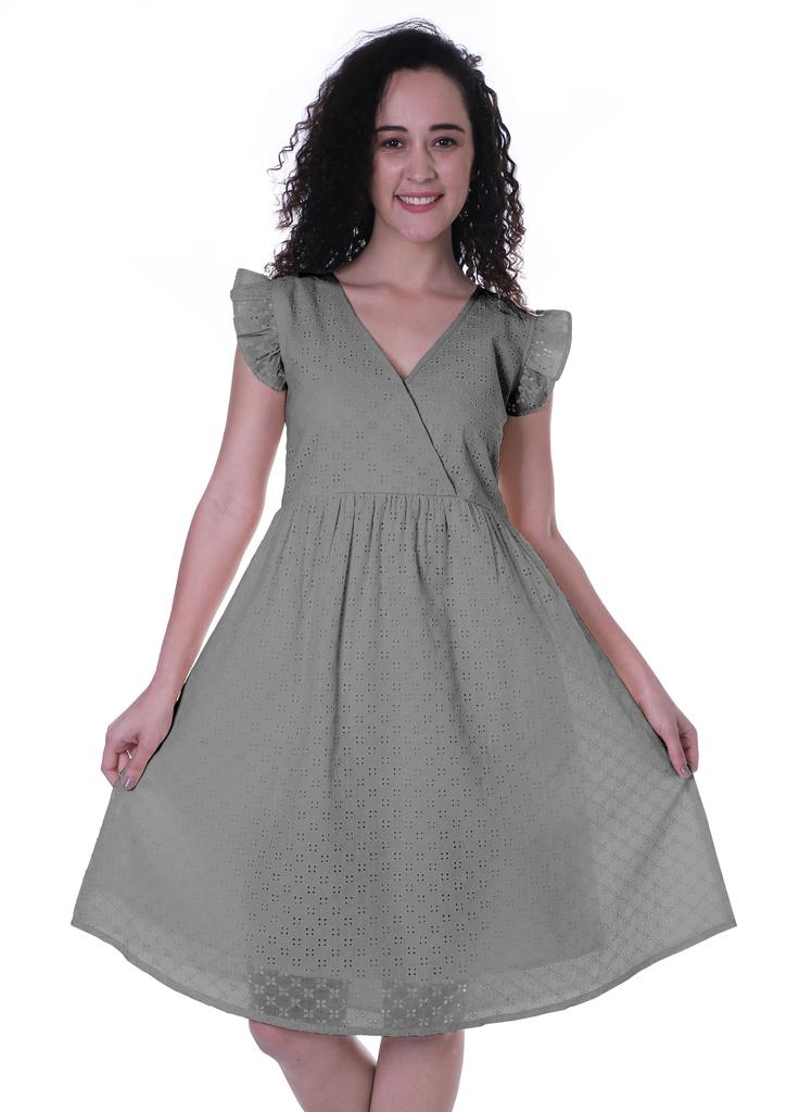 Moomaya Schiffli Dress Frill Sleeve W  V-neck Casual Relaxed Summer Garden