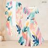 Women Plus Size Printed Two Piece Set Square Neck Short Sleeve Tie Waist Flared Dress Mid Sleeve Open Cardigan