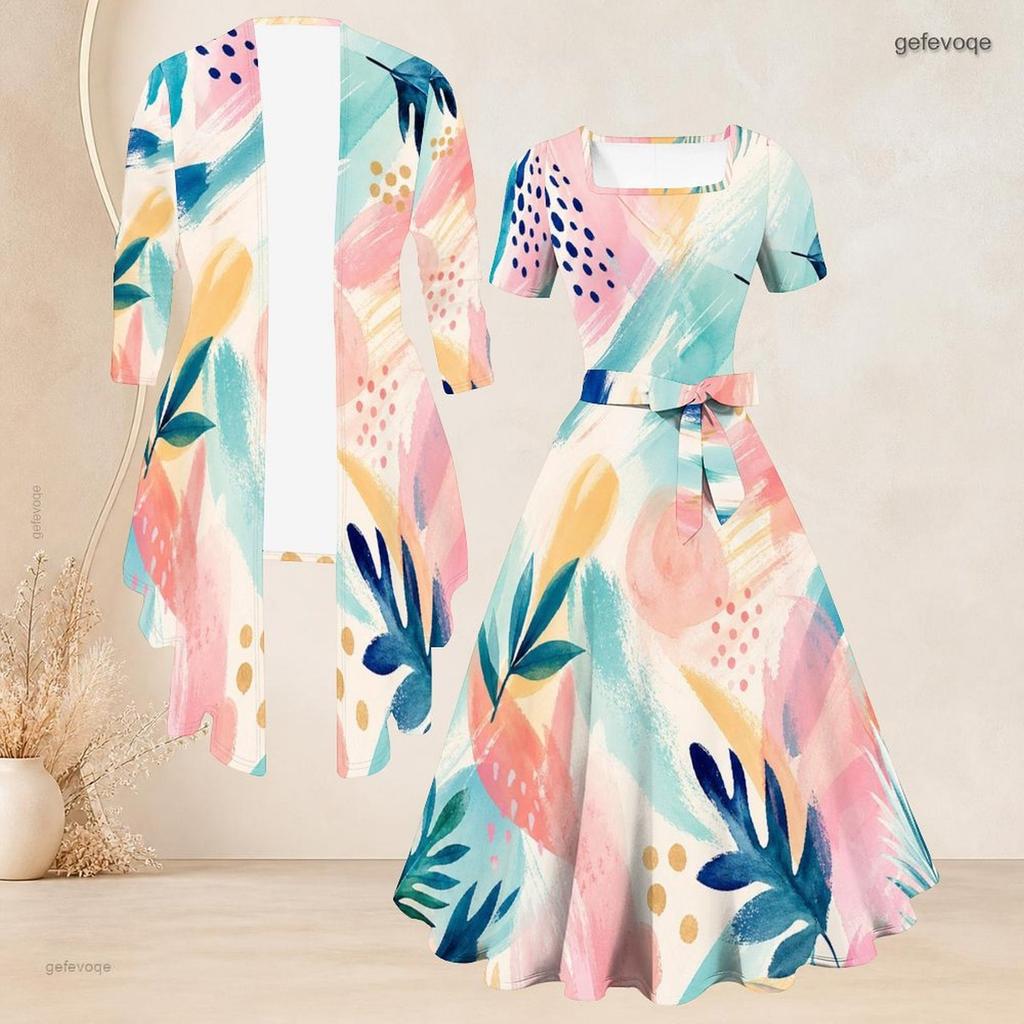 Women Plus Size Printed Two Piece Set Square Neck Short Sleeve Tie Waist Flared Dress Mid Sleeve Open Cardigan