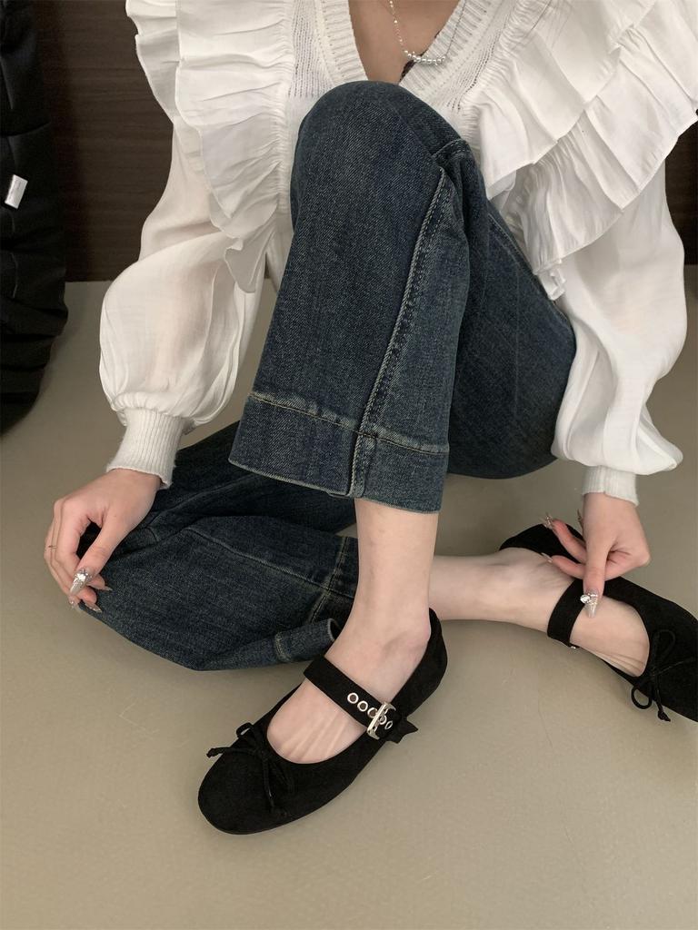 Vintage 2025 autumn shallow mouth single shoes women's new French fairy style ballet bow flat Mary Jane shoes