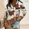 Women Plus Size V Neck Long Sleeve Halloween Mushroom Ghost Print Top