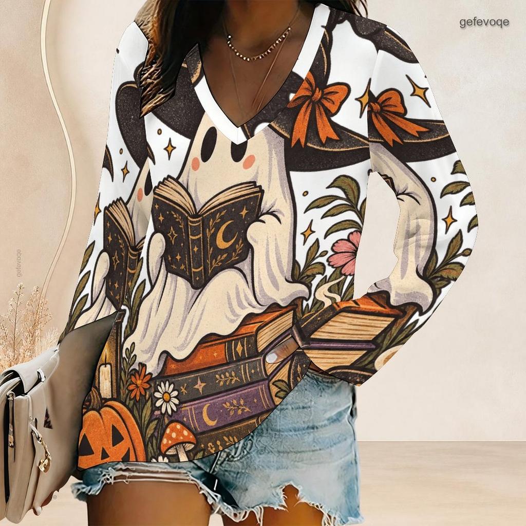 Women Plus Size V Neck Long Sleeve Halloween Mushroom Ghost Print Top