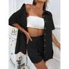 Women's Turn Down Collar Half Sleeve Slim Fit Solid Color Top Shorts 2-Piece Set