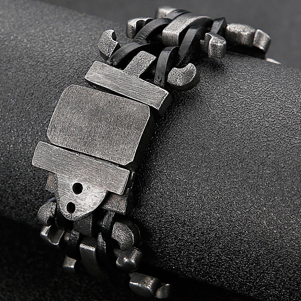 Men's Leather Bracelet Gothic 30MM Width Chain Bracelet With Belt Buckle Hip Hop Stainless Steel Wristband Adjustable Wrap Cuff Bangle