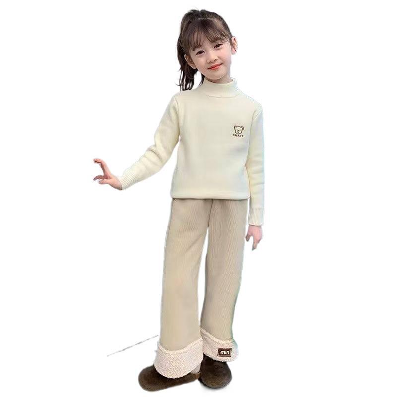 Girls' Warm Lambswool Wide-Leg Winter Pants