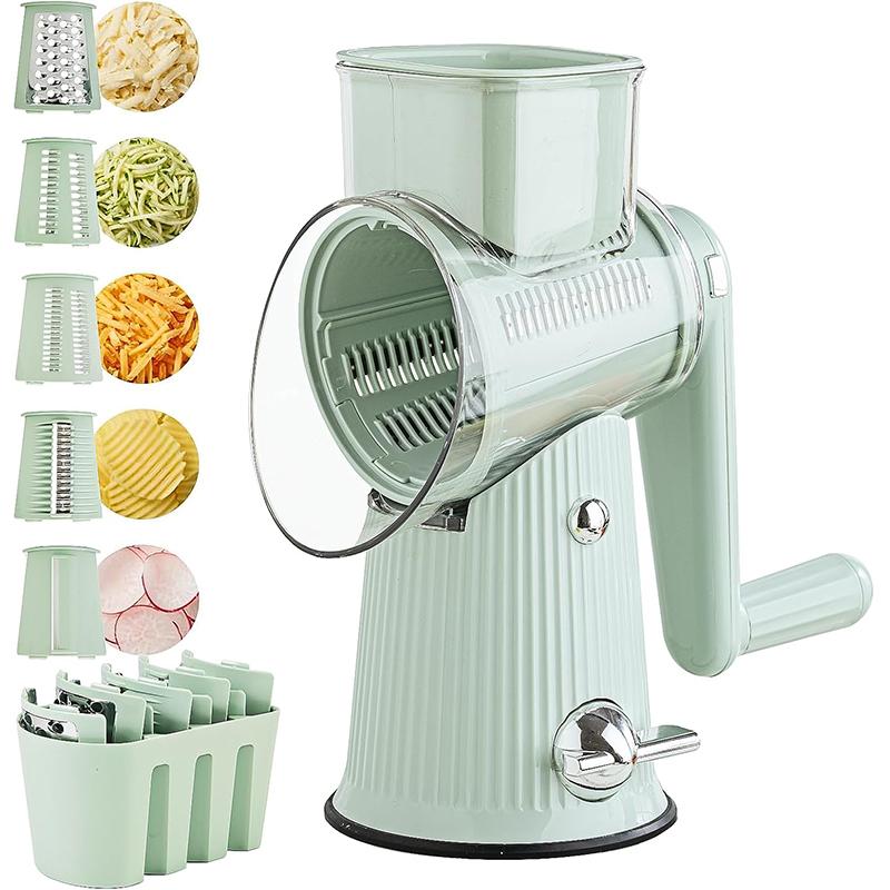 5 In 1 Rotary Cheese Grater with Handle Kitchen Vegetable Cutter Slicer Round Mandoline Drum Slicer with Suction Base JT435