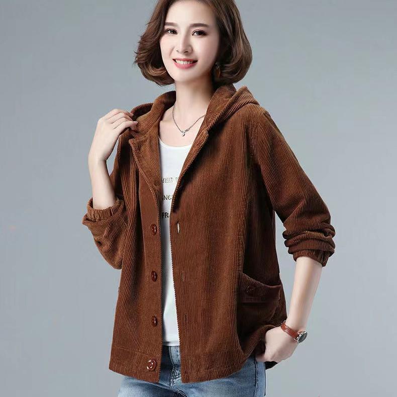 Corduroy Short Coat Women's Spring Autumn Loose Hooded Jacket Fashion Casual Coat