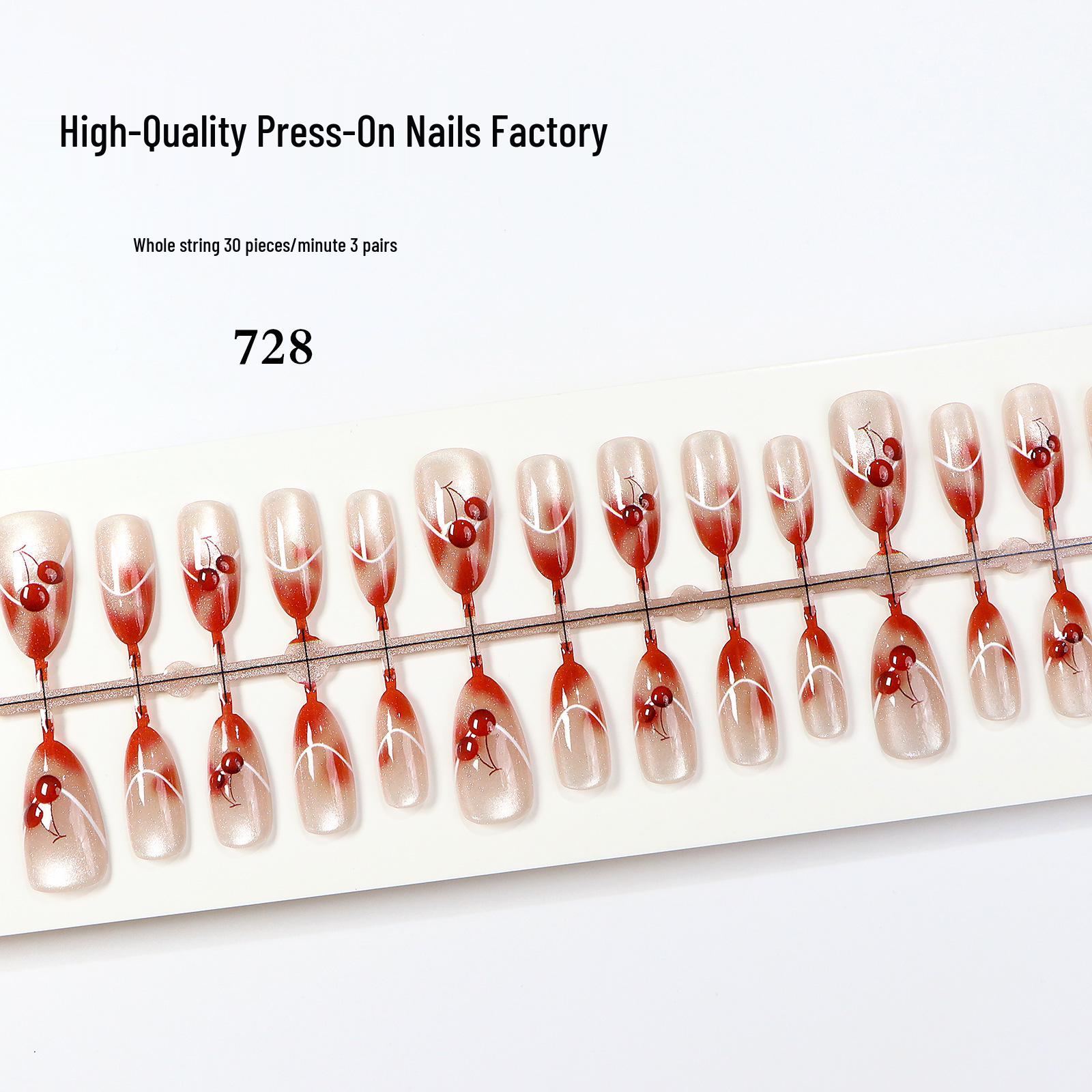 French Cherry Blossom Cat Eye Press-On Nails: Red Amber, Embossed, Translucent Medium