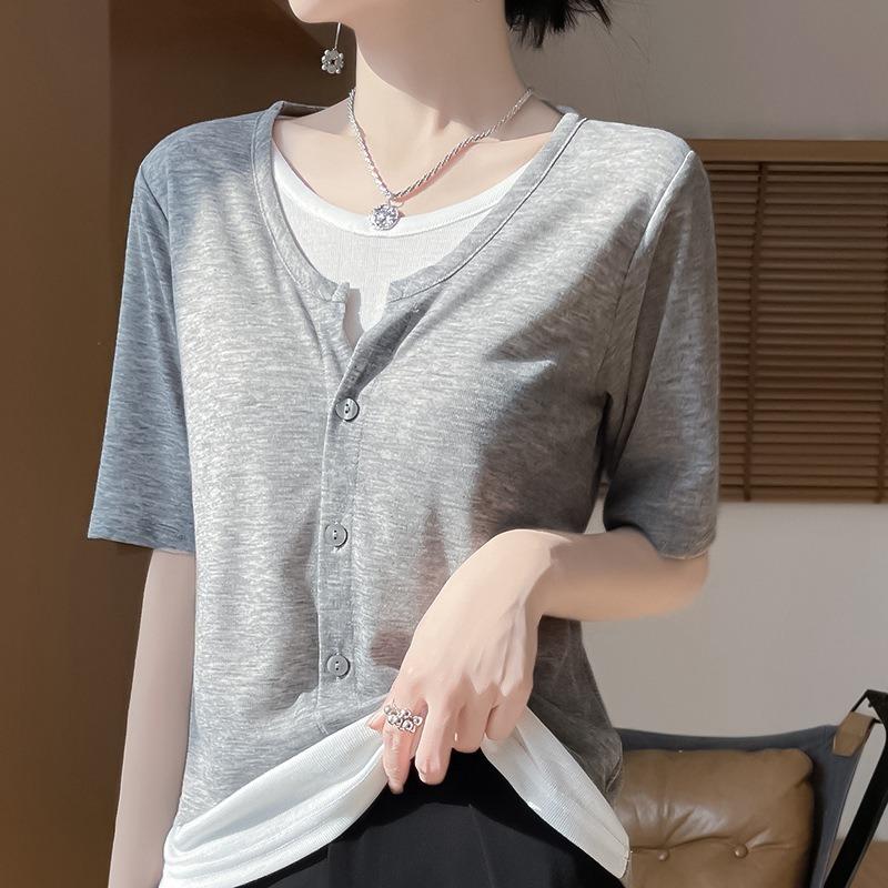 

Женская летняя новинка Collision 4 пуговицы открытая рубашка тонкая секция ложная двухкомпонентная с короткими рукавами камвольная нежный трикотажjavascript: XXL серый