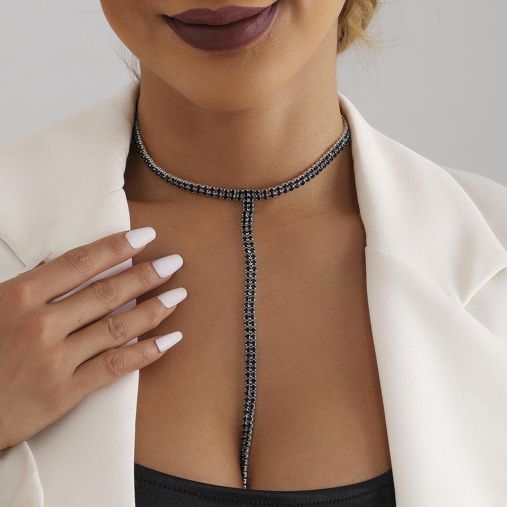 Accessories T-Shaped Sexy Black Full Diamond Double Neck Chain Long Necklace Women'S Clavicle Claw Diamond Chain Necklace