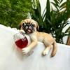 Creative Planter Edge Decor Lying Pug Statue for Planter, Dog Figurine with Red Wine Tabletop Animal Ornament Glass, Cute Resin Flower Pot Decoration