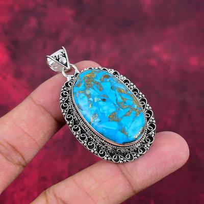 Pendentif en argent sterling 925 massif avec turquoise cuivrée, bijou fait main en pierres précieuses, cadeau pour femme, pendentif neuf