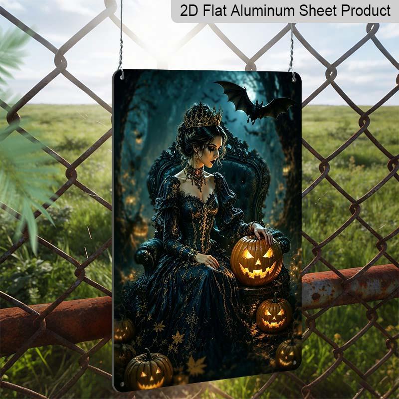 2D Flat Gothic Halloween Queen with Pumpkin and Bat Vintage Metal Sign‑8.0x12.0inch Aluminum Wall Art, Farmhouse Halloween Wall Decor, Pre‑Drilled
