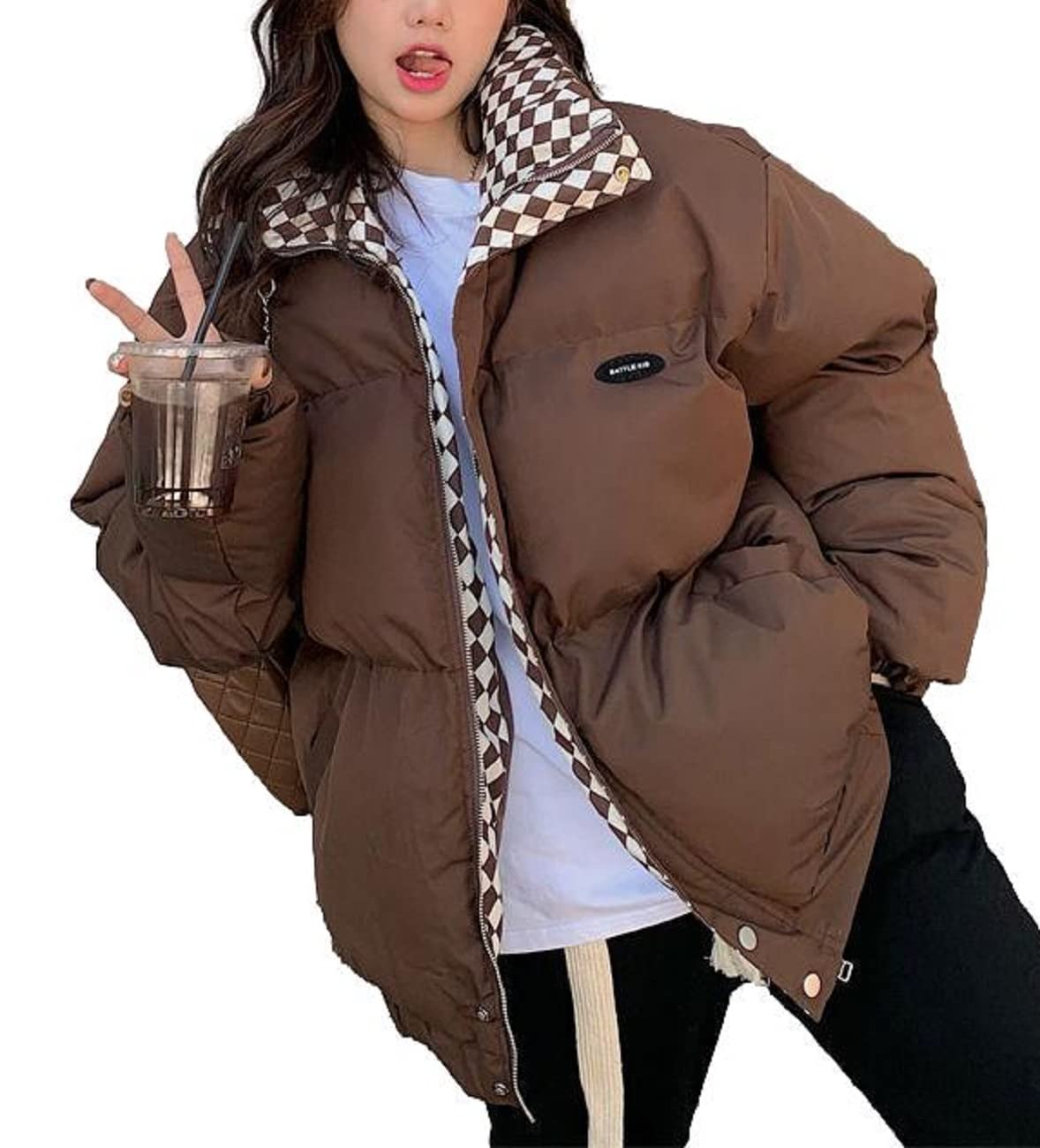 

Quilted Check Down Jacket [1/2plus] [Nibunnoichiplus] (L, Brown)