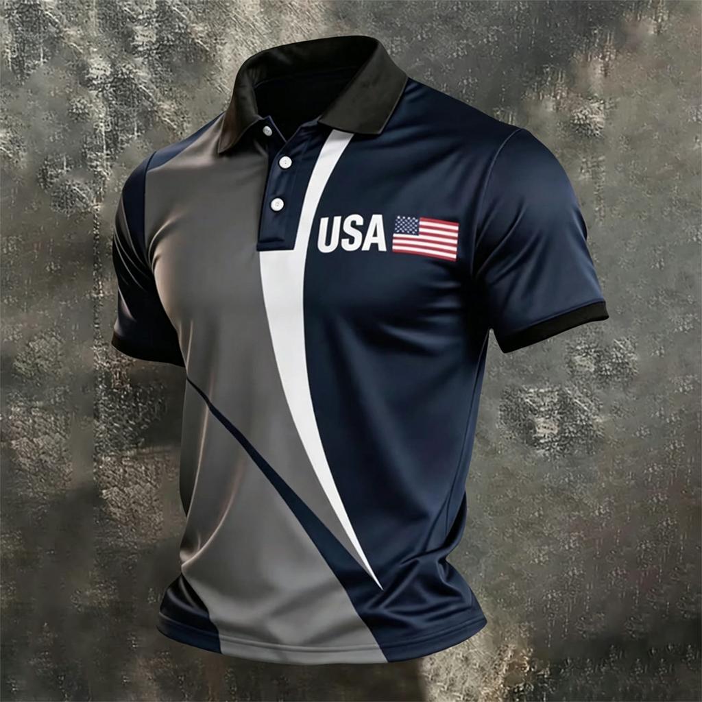 Men's Casual Short Sleeve Polo Shirt with Independent Day Flag Print and Color Block Design for Outdoor and Everyday Wear
