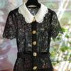Summer Women Lace Hollow Out Peter Pan Collar Single-breasted Party Dresses Short Sleeve Female Robes with Belts