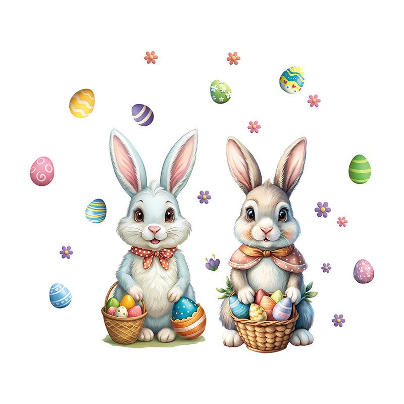 Easter Bunny Egg Flower Window Sticker Static Cling Glass Decal Cute Rabbit Holiday Decor Kids Room Refrigerator Sticker