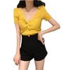 Fashion Retro Loose Thin Net Red Solid Color V-neck Short-sleeved T-shirt Cross Knot Thin Section Pullover Knit Sweater Tops Female Summer