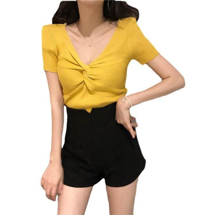 Fashion Retro Loose Thin Net Red Solid Color V-neck Short-sleeved T-shirt Cross Knot Thin Section Pullover Knit Sweater Tops Female Summer
