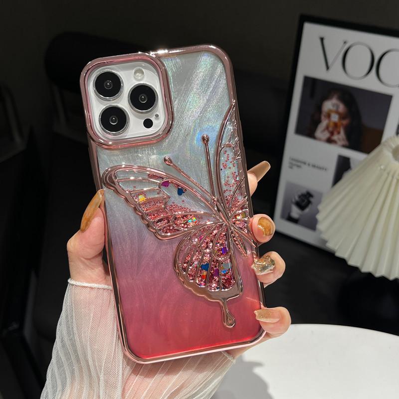 Płynny piasek Trójwymiarowy motyl Pasuje do etui na telefon komórkowy IPhone16proMax Elektroplaterowane pióro Piaskowy gradient Etui ochronne Apple 15