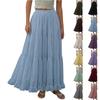 Damen Mode Einfarbiger Raffierter Netz-Stufen-Maxi-Rock Hohe Taille Ausgestellter Saum Langer A-Linien-Rock Leichtes Schichtdesign