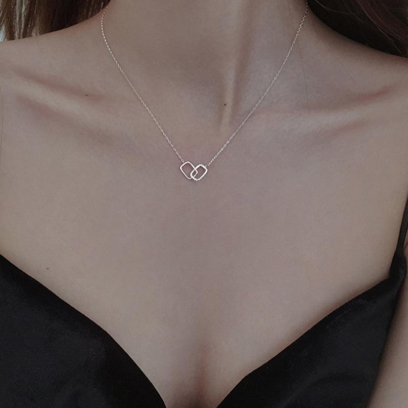 S925 Sterling Silver Square Double Ring Necklace Female Korean Version Fashion Niche Design Geometric Pendant Simple Collarbone Chain Tide