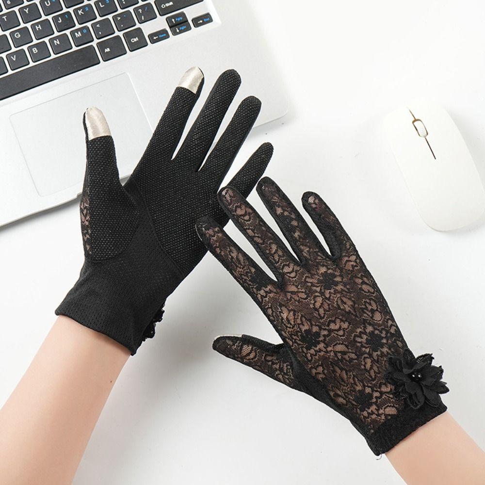 Anti-skid Women Sun Protection Gloves Lace Full-finger Design Ice Silk Lace Gloves Sunscreen Thin Material