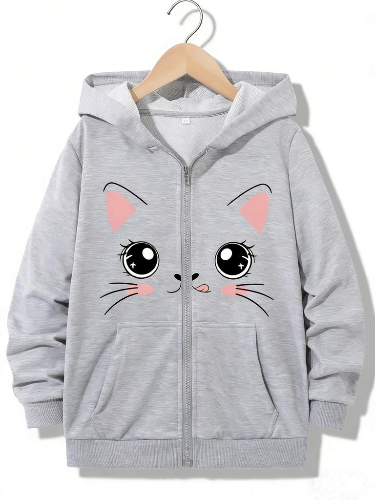Bambini Ragazze Autunno Kawaii Felpa con Zip alla Moda Casual Trendy Gatto Meme Lettere Felpe Giubbotti