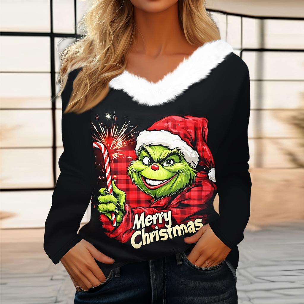 Damen Weihnachtsbedrucktes Langarmshirt V-Ausschnitt Lässig Locker Geschnitten T-Shirt Oberteile
