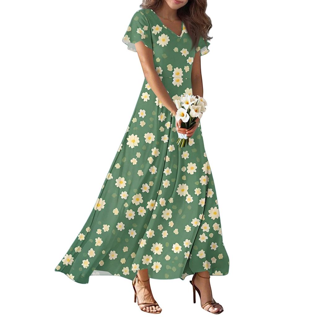 Rochii de vară casual de modă pentru femei, cu imprimeu, cu gât în V, cu mâneci scurte