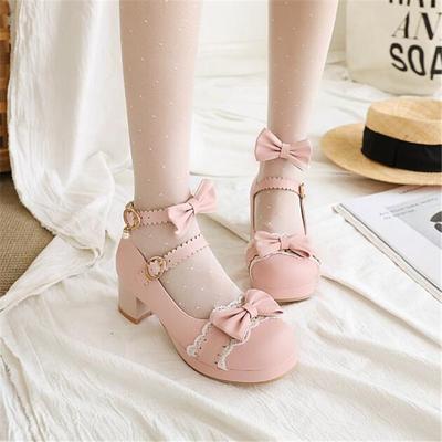 Size 30-43 Girls Shoes Women High Heels Mary Jane Pumps Party Wedding Cosplay White Pink Black Bow Princess Lolita Shoes