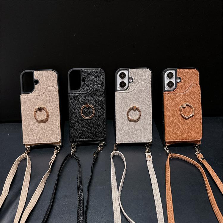Applicable To Iphone16promax Crossbody Lychee Pattern 12pro Ring Fishtail Lanyard Card Function Protective Case