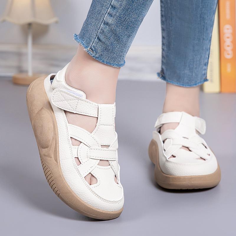 Summer Popular Velcro Women's Thick Bottom Sandals with Hollow Soft Bottom White Shoes Breathable Sports Leisure Shoes for Women