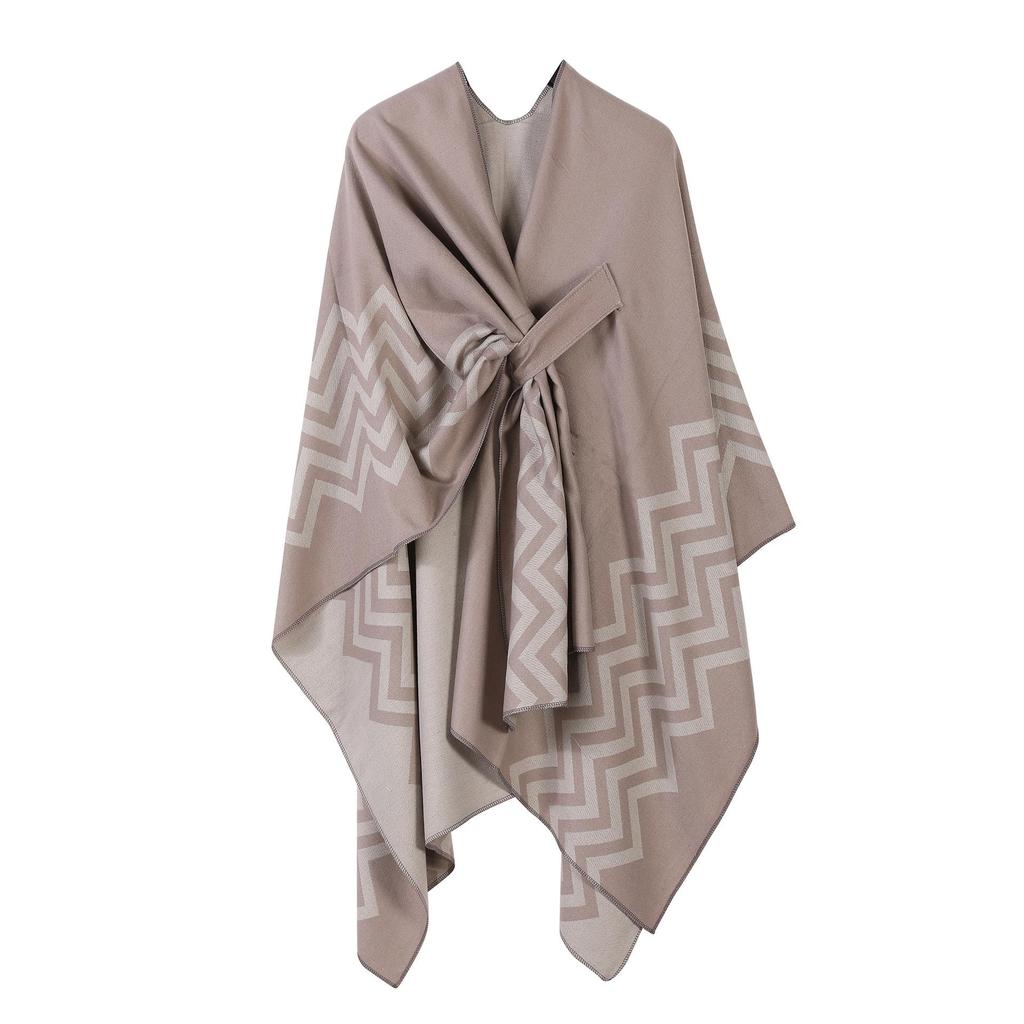 Women's European & American Double-Sided Solid Color Cape Shawl with Striped Edge