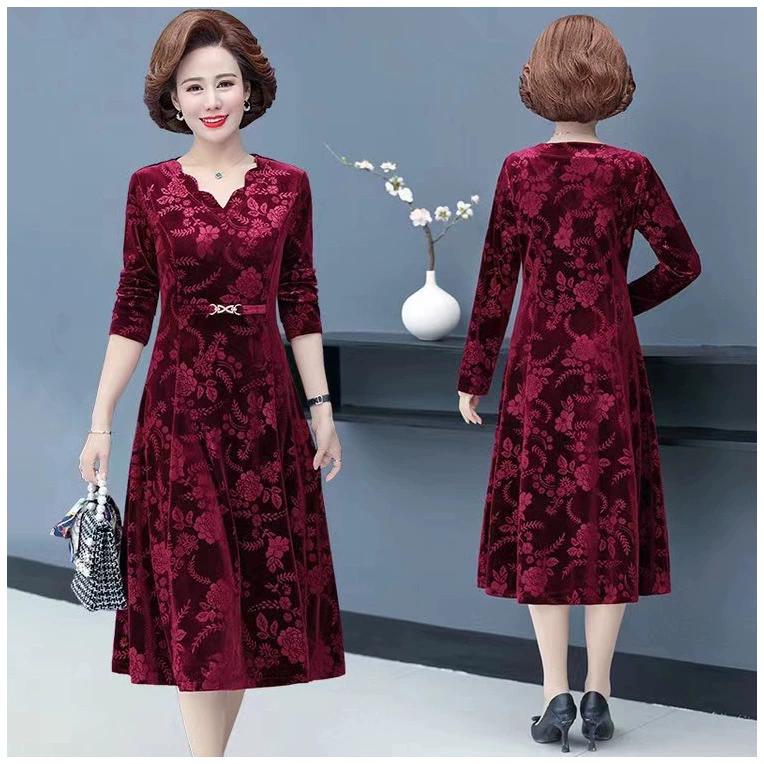 Women's Autumn Long-Sleeved Elegant Dress Mid-Waist V-Neck A-Line Skirt