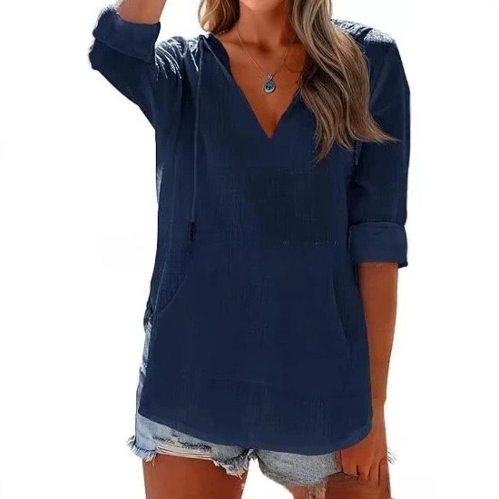 Spring and Summer Beach Cover-Up Hooded Long-Sleeved V-Neck Pockets Hooded Shirt for Women