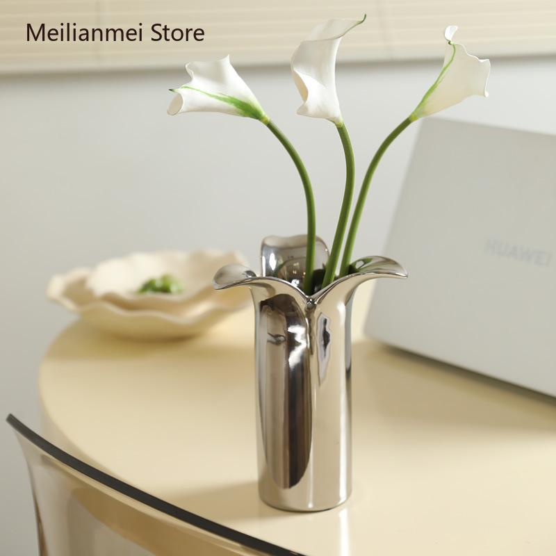 Electroplated Silver Ceramic Vase Irregular Flower Arrangement Ornament Modern High-end Silver Vases Home Decor Vases