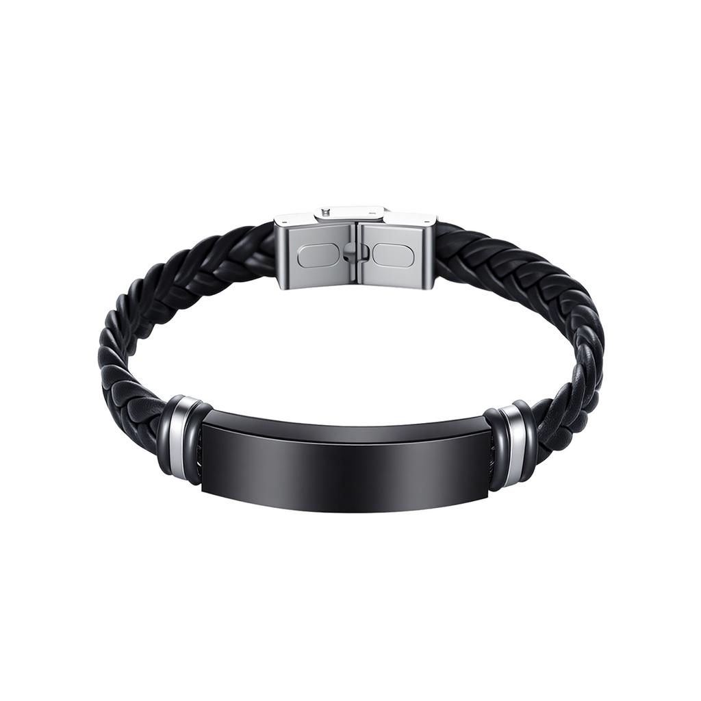 Simple Twisted Braid Leather Bracelet Stainless Steel Chain Engravable Jewelry