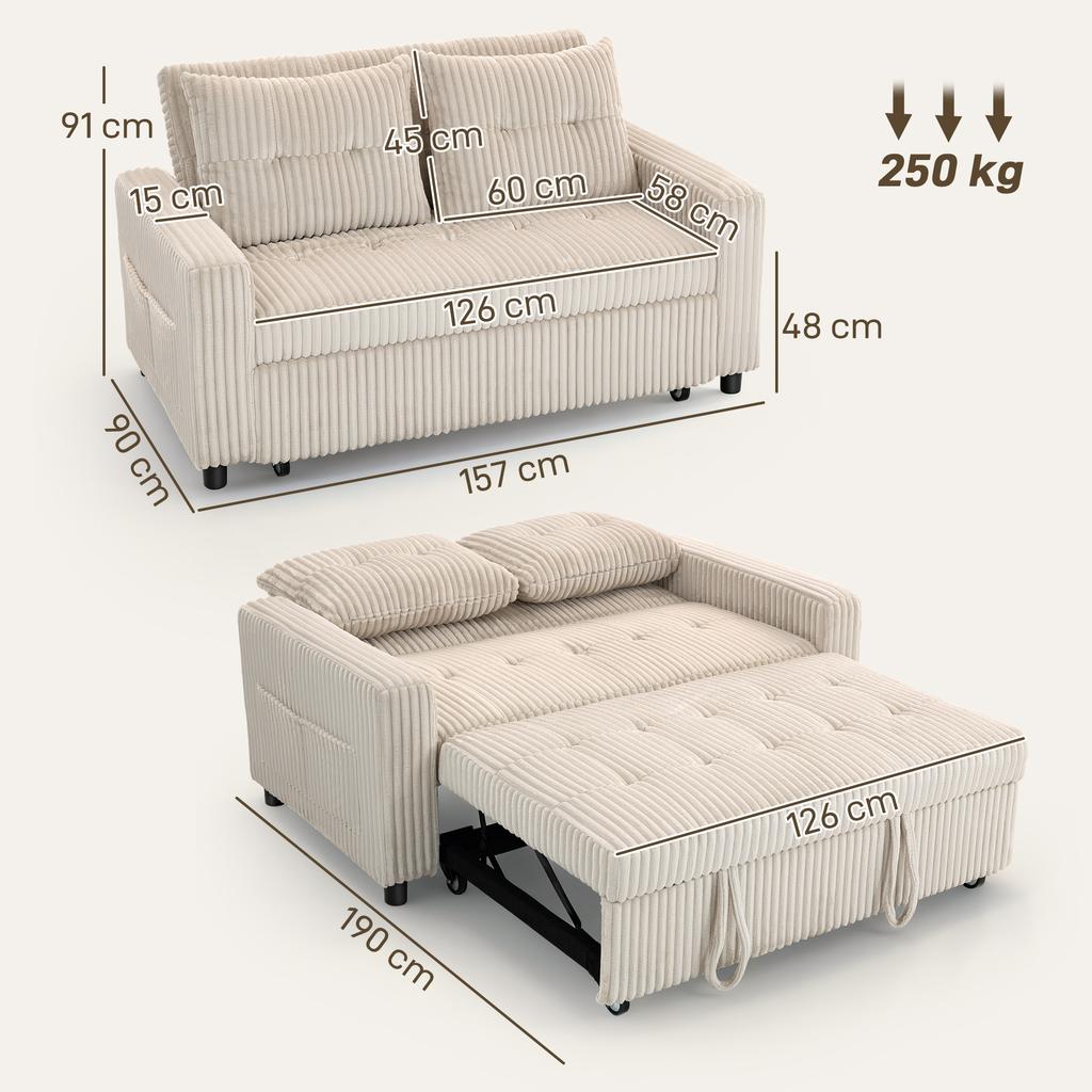 Convertible Sofa Bed, 2-Seater, Corduroy, 157 x 190 cm, Adjustable Backrest, 2 Cushions