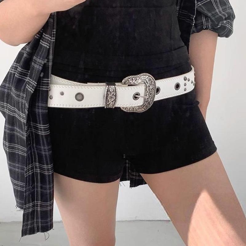 Antique Rivets Studded Waist Belt With Engraved Pattern Buckles PU Leather Pin Buckles Waistband For Women Jeans Pants