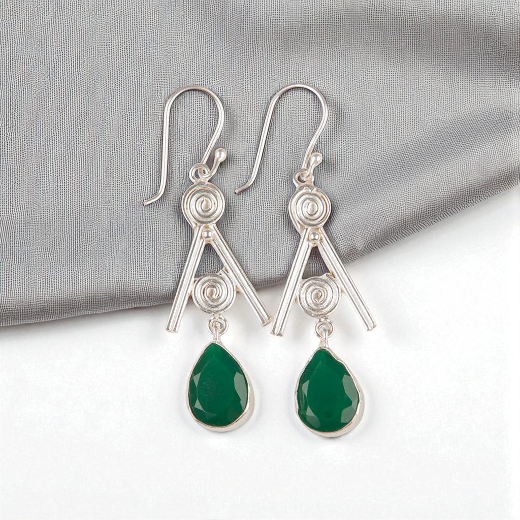 Green Onyx Gemstone 925 Sterling Silver Jewelry Handmade Wedding Earrings 2.4" EE-86-16