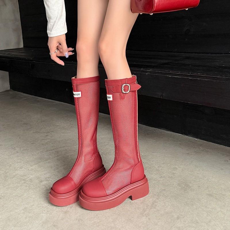 Womens 6CM Chunky Heel Mesh Boots Round Toe Breathable Cutout